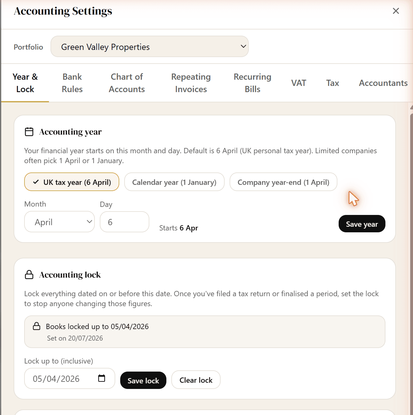 RentFig accounting lock panel showing books locked up to a chosen date