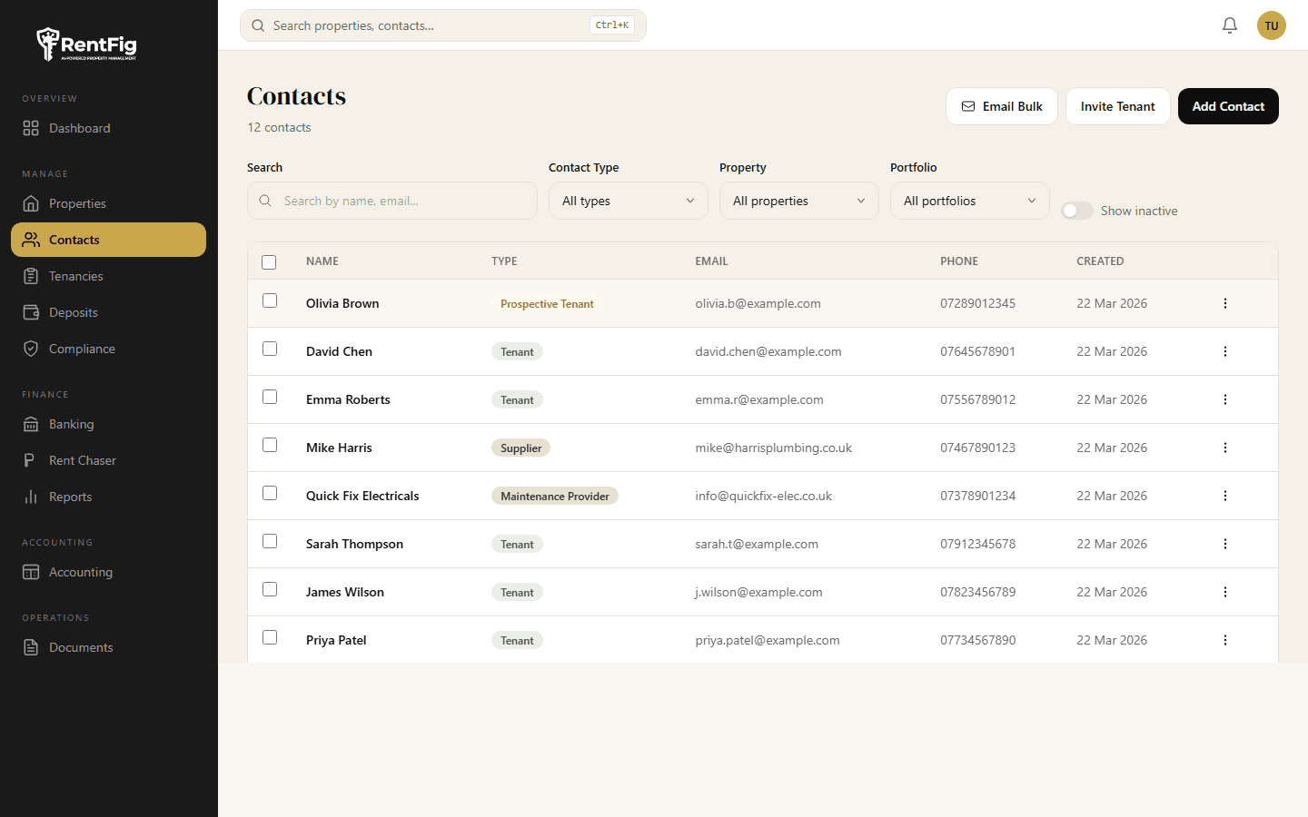 RentFig Tenant Applications settings page showing a shareable application link