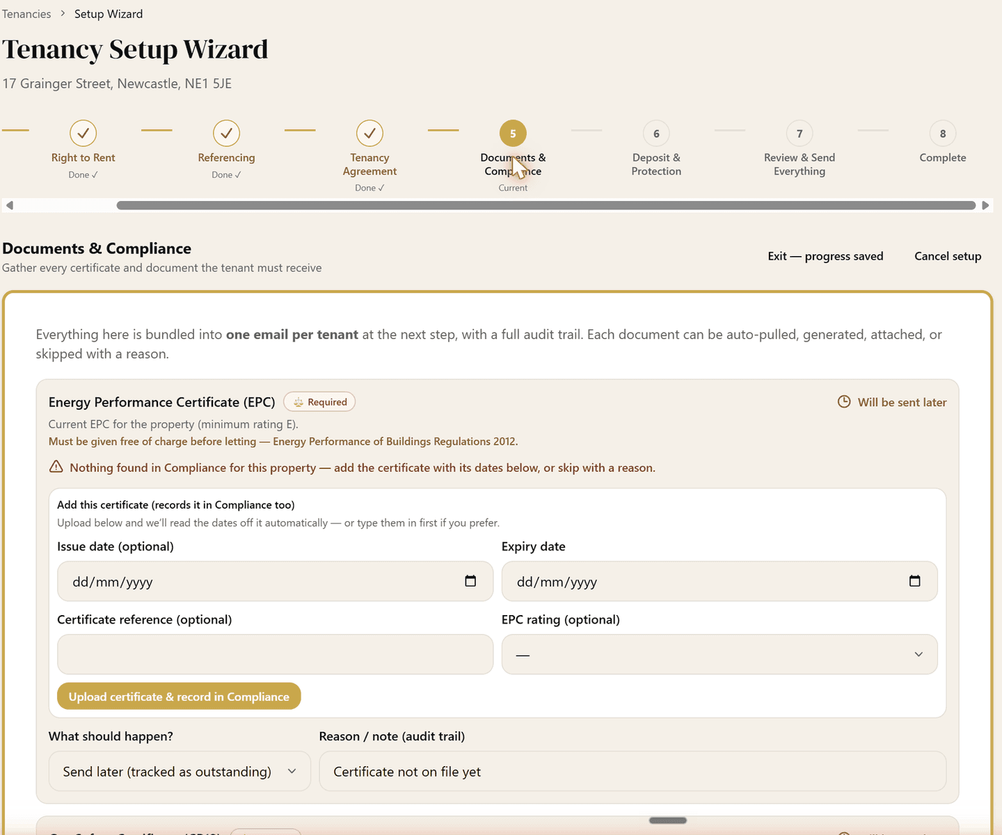 Documents and Compliance step: the EPC card marked Required with its statutory rule, an upload panel that reads certificate dates automatically, and a Send later decision tracked as outstanding with an audit-trail note